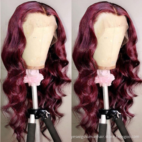 Yeswigs Cheap Body Wave 99J Red Colored Human Hair Hd Full Lace Front Wig Raw Mink Brazilian Virgin Human Hair Lace Frontal Wig